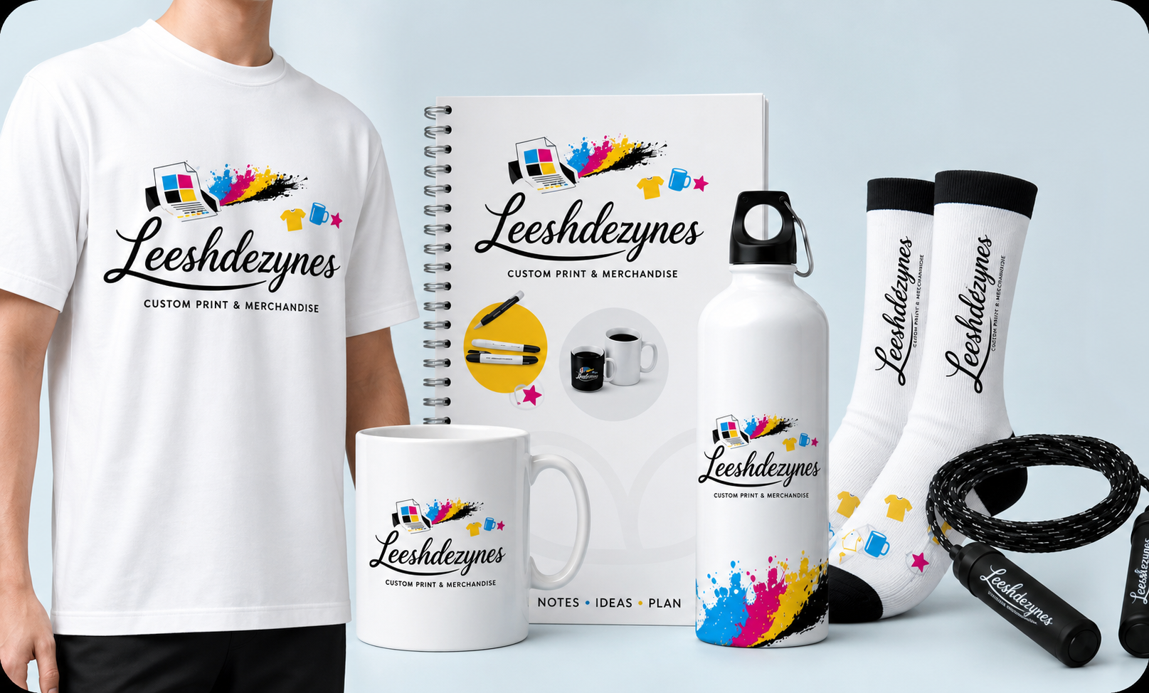 A custom-printed merchandise set produced by the LeeshDezynes studio