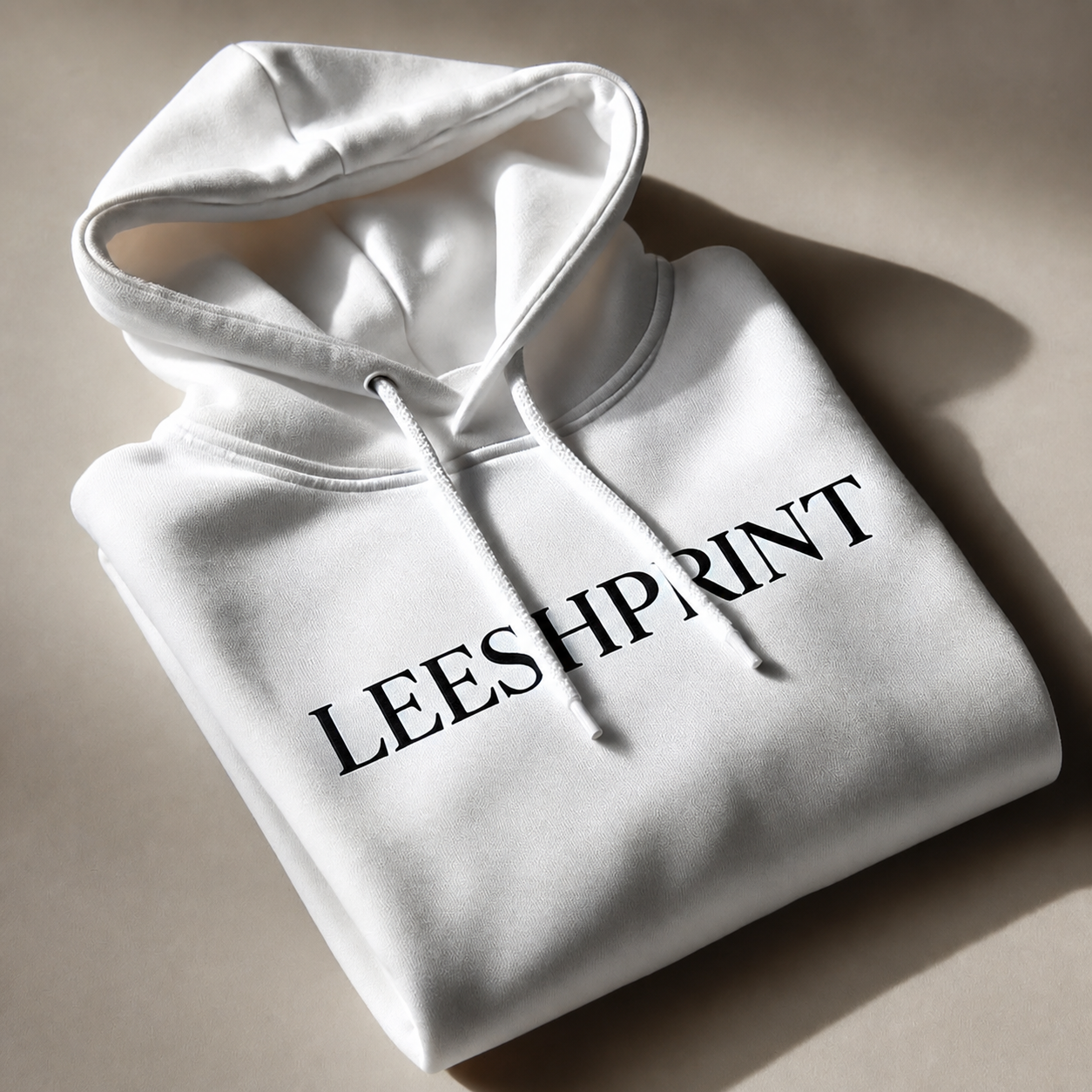 Folded white hoodie personalised with a Leeshprint design