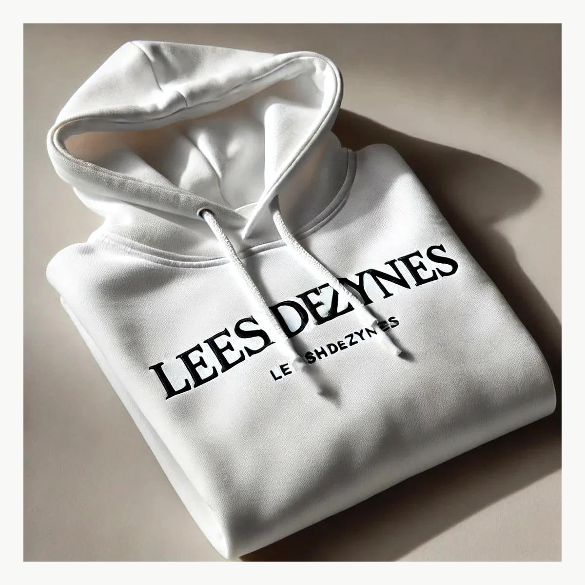White LeeshDezynes hoodie showing personalised clothing print quality