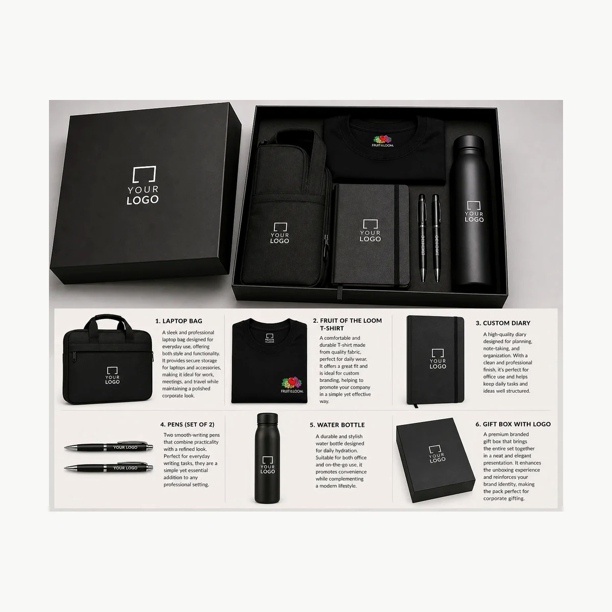 Branded corporate welcome pack with printed apparel, notebook and drinkware